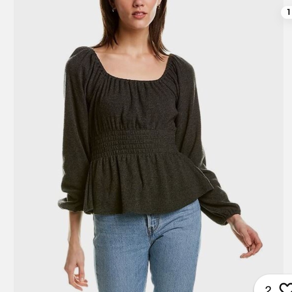 Madewell Plush Square Neck Smocked Plush Grey Top, Size XL